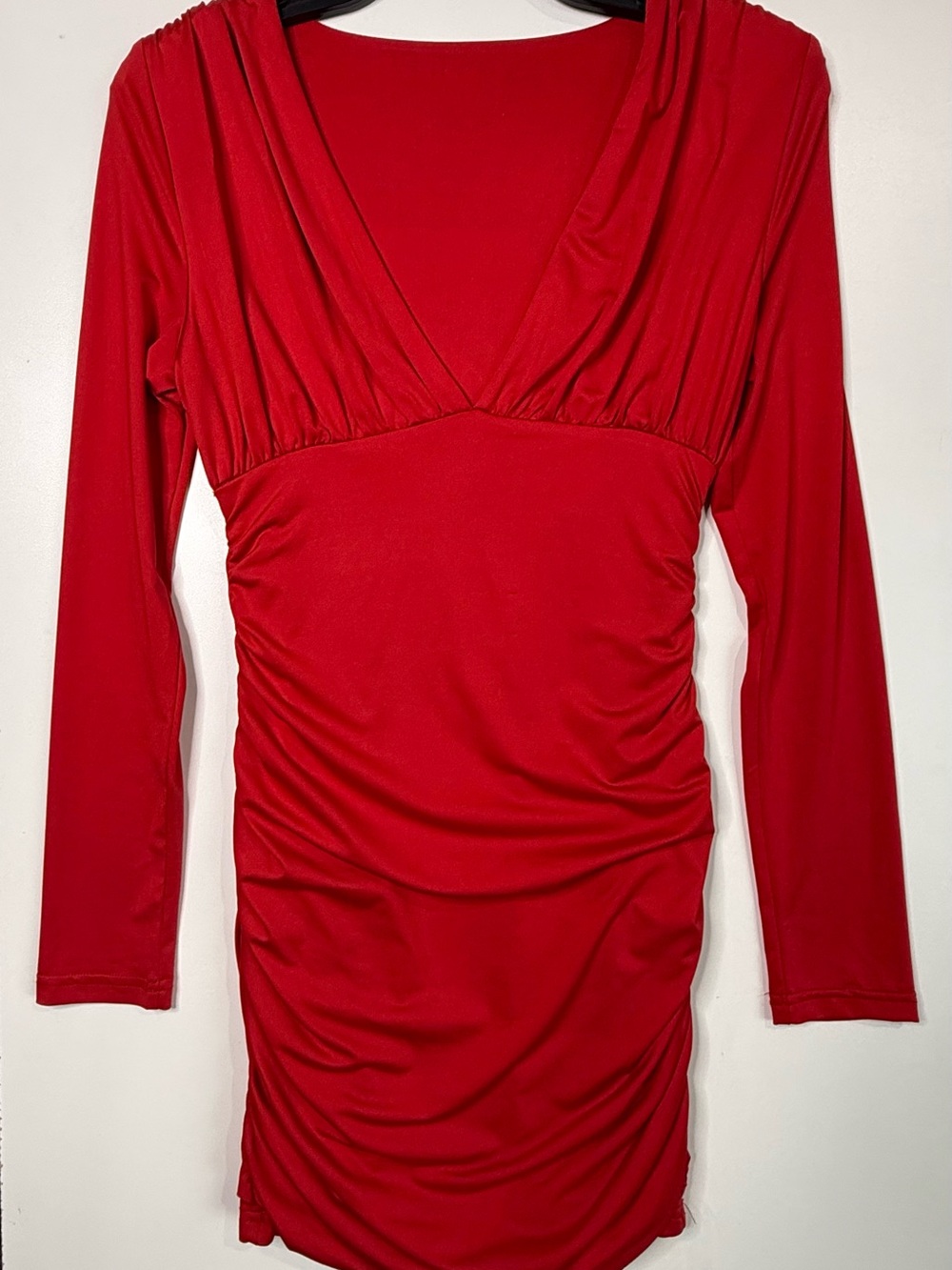 Red V-Neck Long Sleeve Ruched Dress
